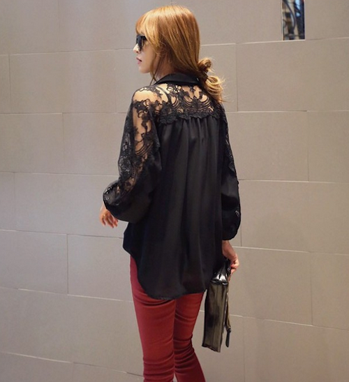 WT21619 Trendy Lace Sleeves Top Black