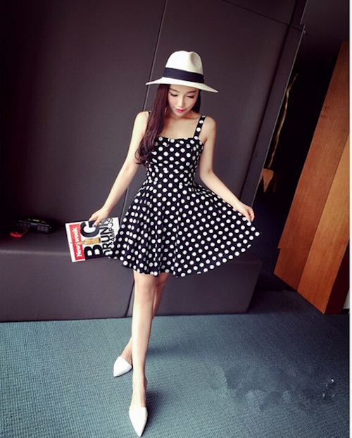 WD21621  Polka Dot Back Ribbon Dress Black