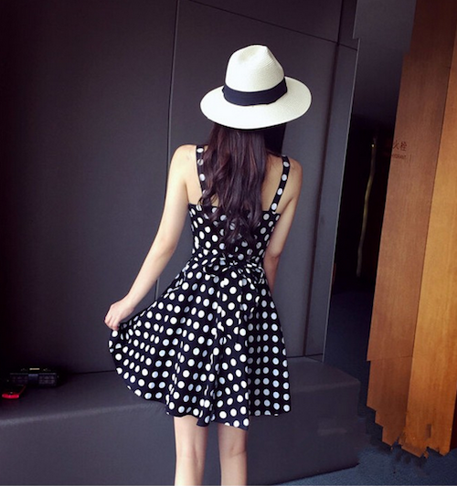 WD21621  Polka Dot Back Ribbon Dress Black