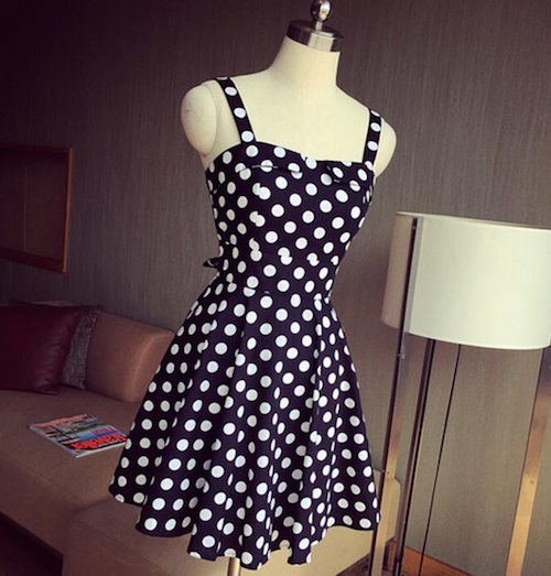 WD21621  Polka Dot Back Ribbon Dress Black