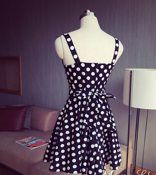 WD21621  Polka Dot Back Ribbon Dress Black