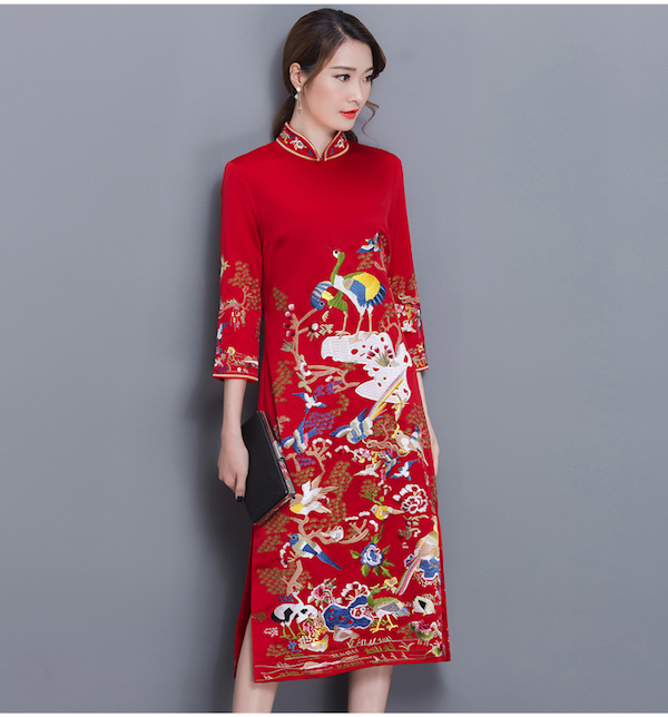 WD21623 Classic Mandarin Collar Dress Red