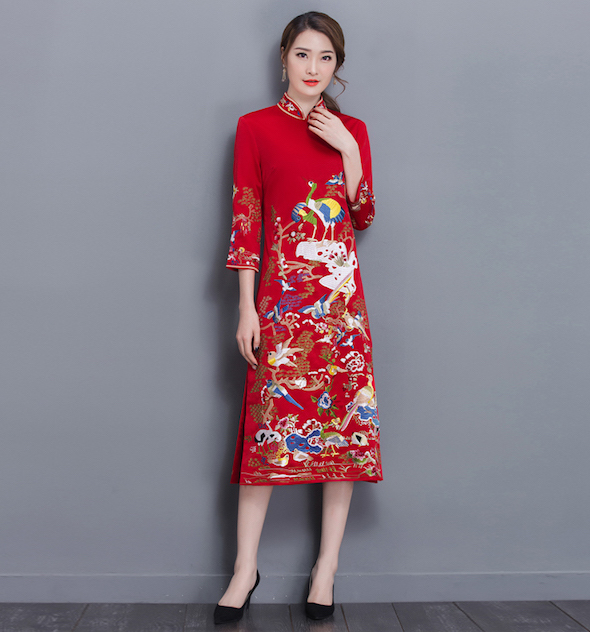 WD21623 Classic Mandarin Collar Dress Red