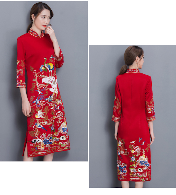 WD21623 Classic Mandarin Collar Dress Red