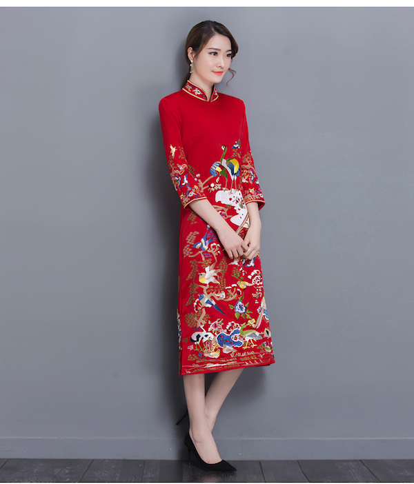 WD21623 Classic Mandarin Collar Dress Red