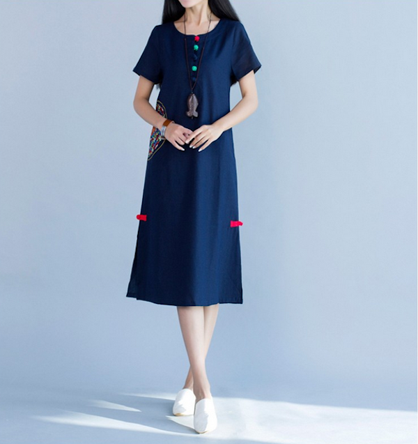 WD21624 Classic Embroidered Dress Blue