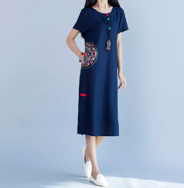 WD21624 Classic Embroidered Dress Blue