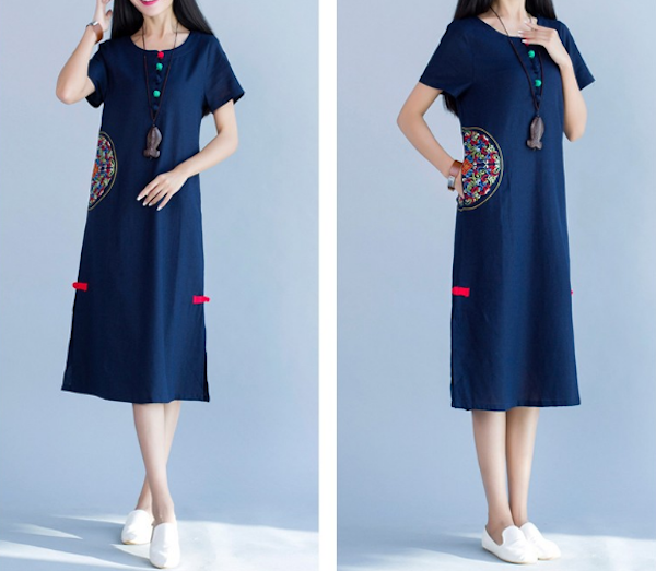 WD21624 Classic Embroidered Dress Blue