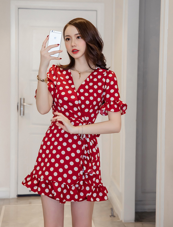 WD7646 Polka Dot Side Strap Dress Red