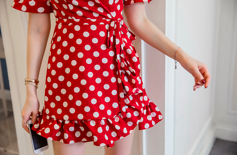 WD7646 Polka Dot Side Strap Dress Red