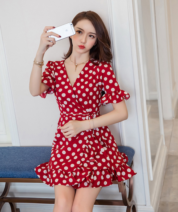 WD7646 Polka Dot Side Strap Dress Red