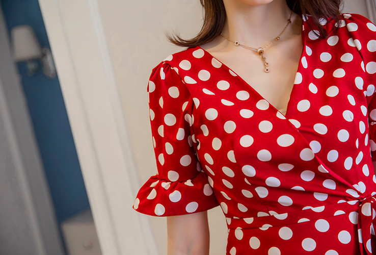 WD7646 Polka Dot Side Strap Dress Red