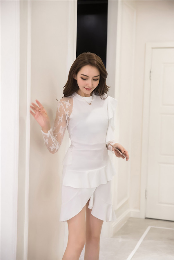 WD7648 Lotus Leaf Trim Lace Dress White