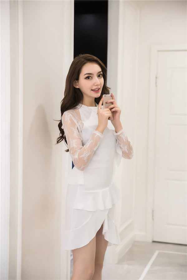 WD7648 Lotus Leaf Trim Lace Dress White