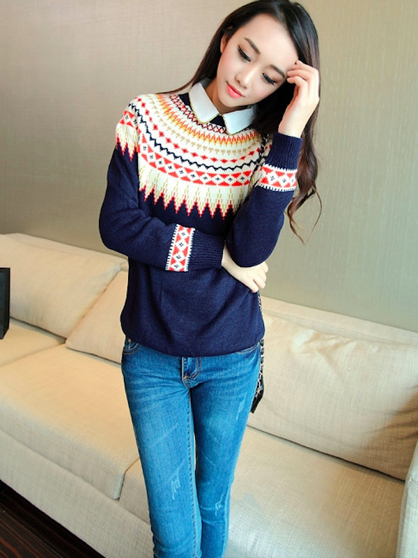 WT7659 Fashion Knit Sweater Dark Blue