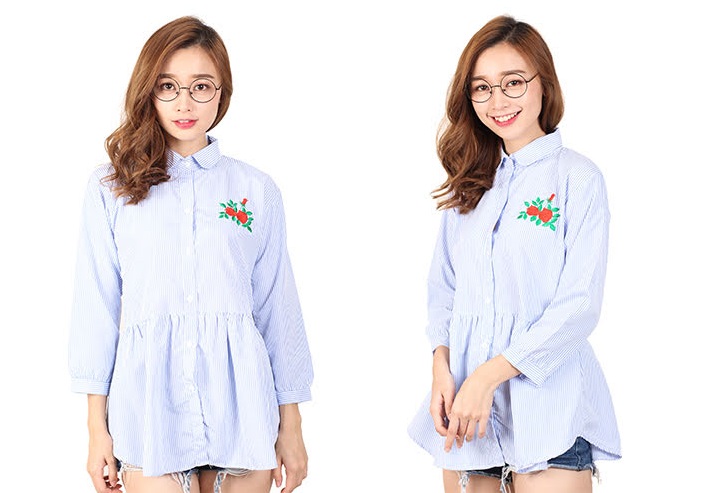 QA-458 Embroidery Shirt Light Blue