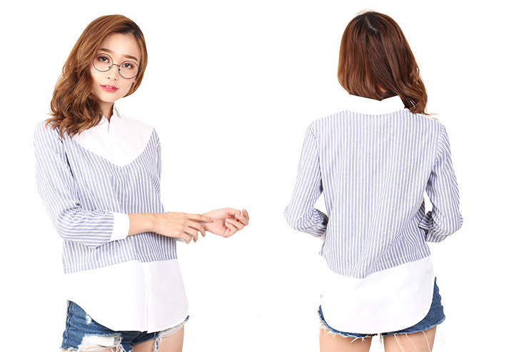 QA-456 Ladies Striped Top Blue Grey