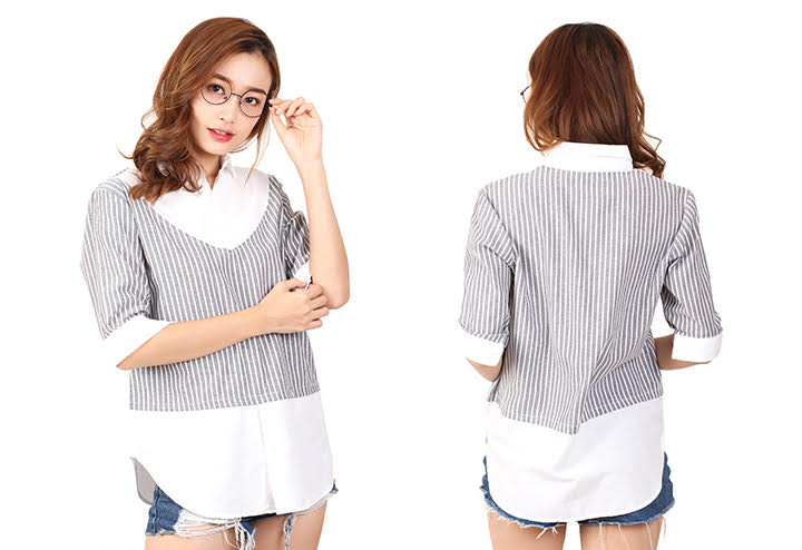 QA-456 Ladies Striped Top Grey