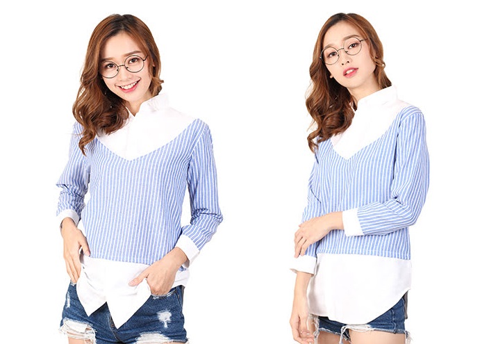 QA-456 Ladies Striped Top Blue