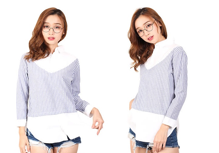 QA-456 Ladies Striped Top Blue Grey