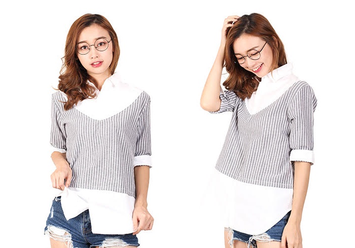 QA-456 Ladies Striped Top Grey