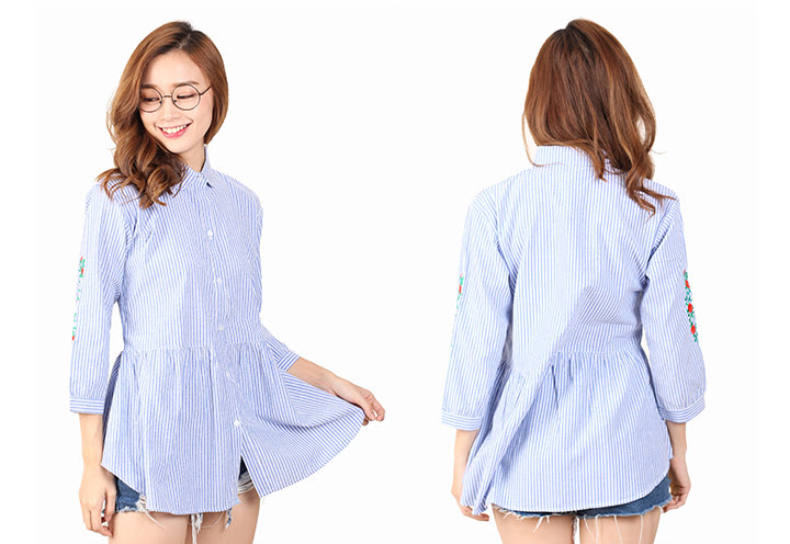 QA-457 Ladies Embroidery Shirt Blue