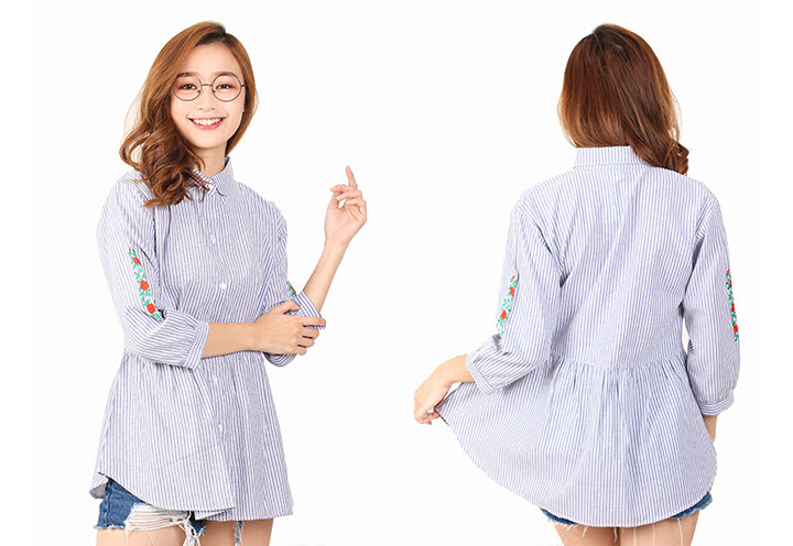 QA-457 Ladies Embroidery Shirt Blue Grey