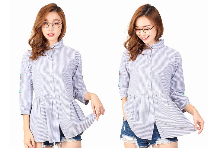 QA-457 Ladies Embroidery Shirt Blue Grey