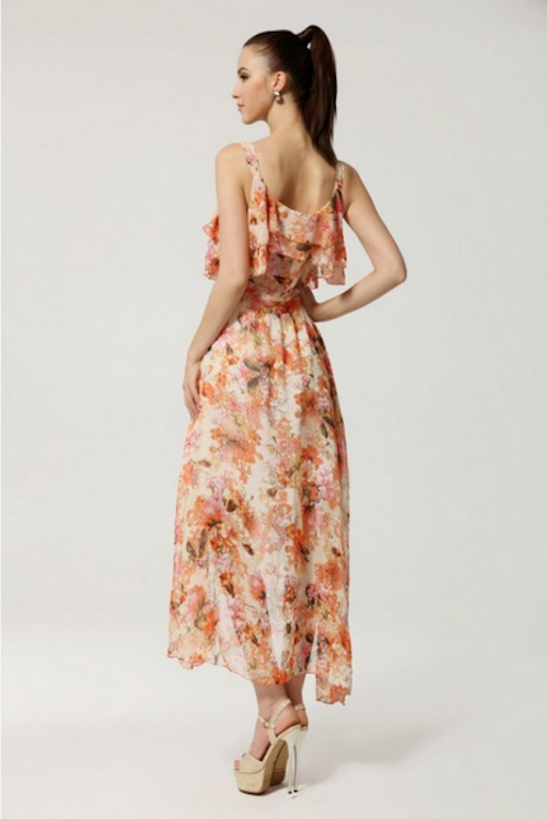 WD21677 Floral Ruffle Maxi Dress Orange