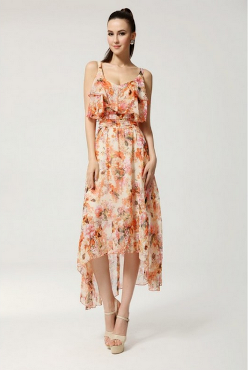 WD21677 Floral Ruffle Maxi Dress Orange