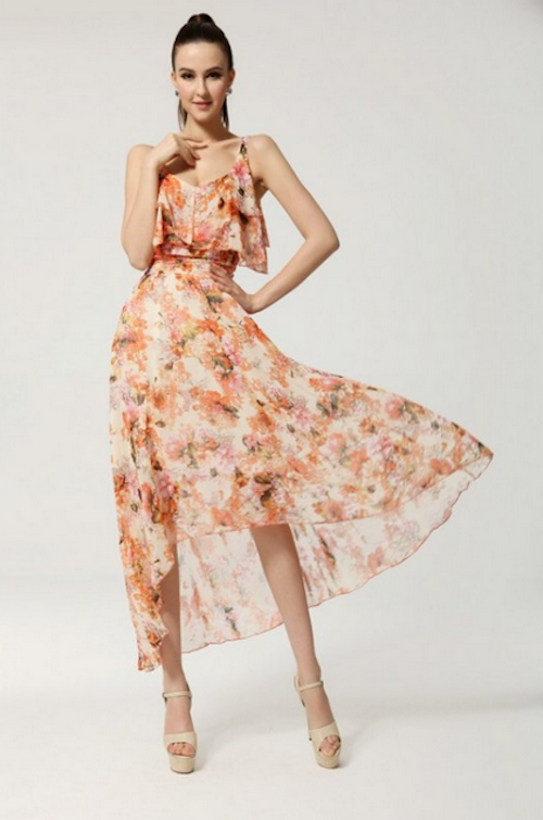 WD21677 Floral Ruffle Maxi Dress Orange