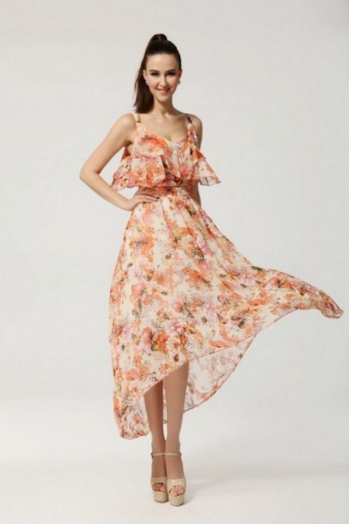 WD21677 Floral Ruffle Maxi Dress Orange