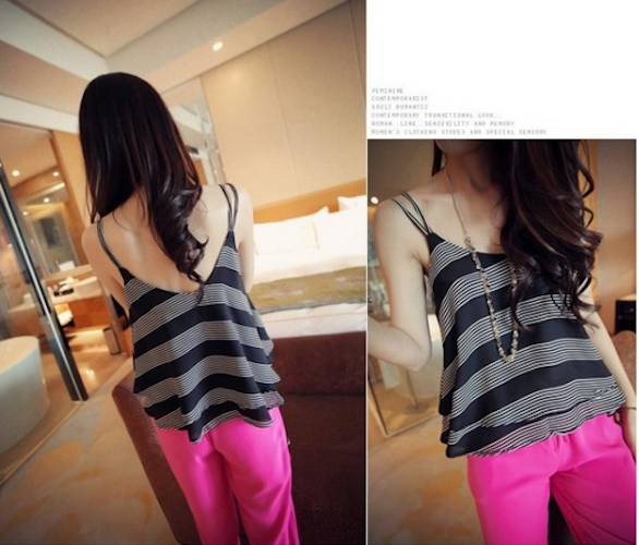 WT21711 Sexy Strap Chiffon Top Black