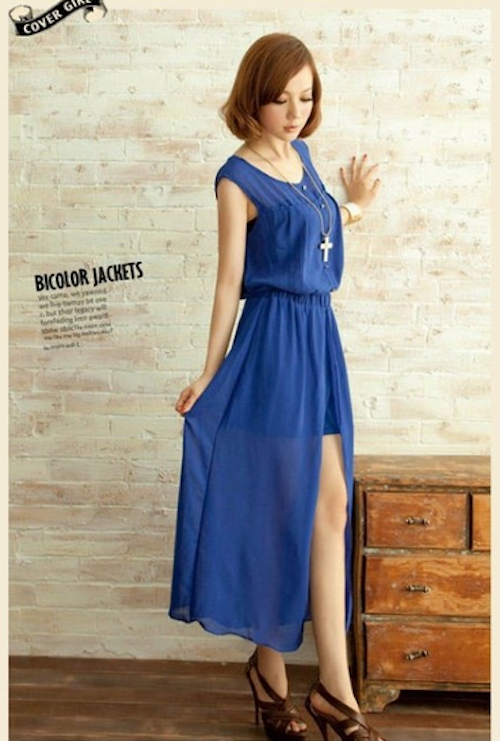 WD21717 Stylish Chiffon Dress Blue