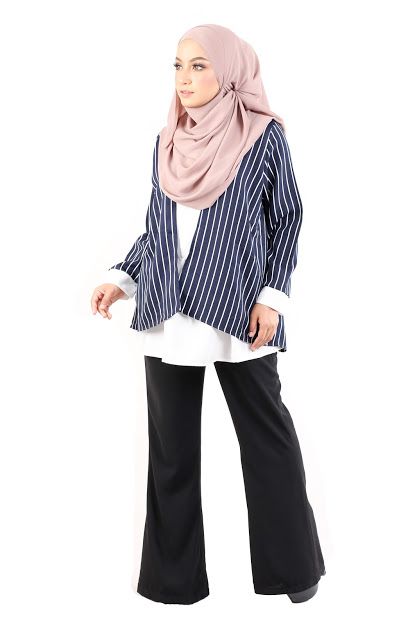 QA-484 Modern Striped Women Blouse Navy Blue