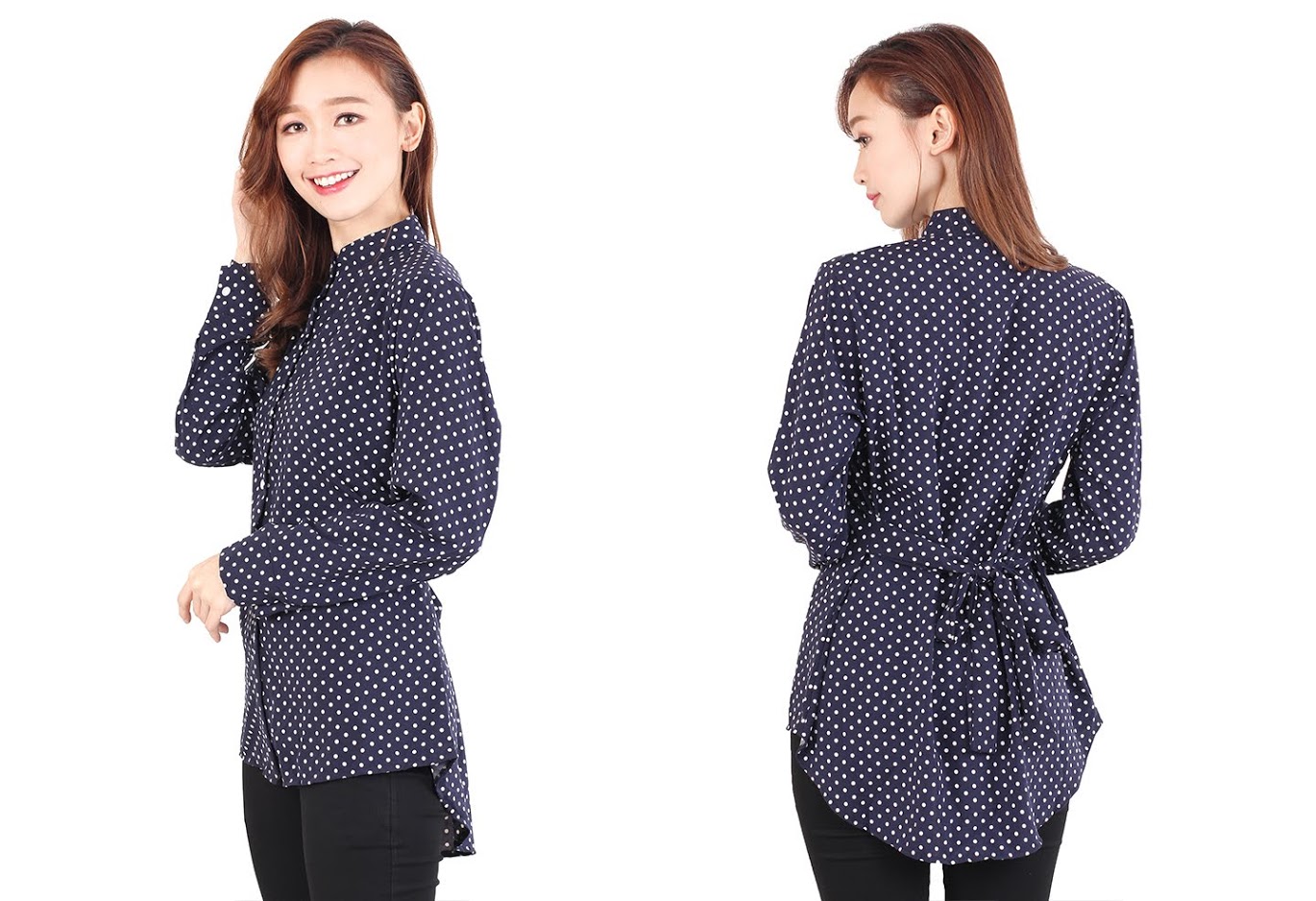 QA-511 Women's Mandarin Collar Top Navy Blue