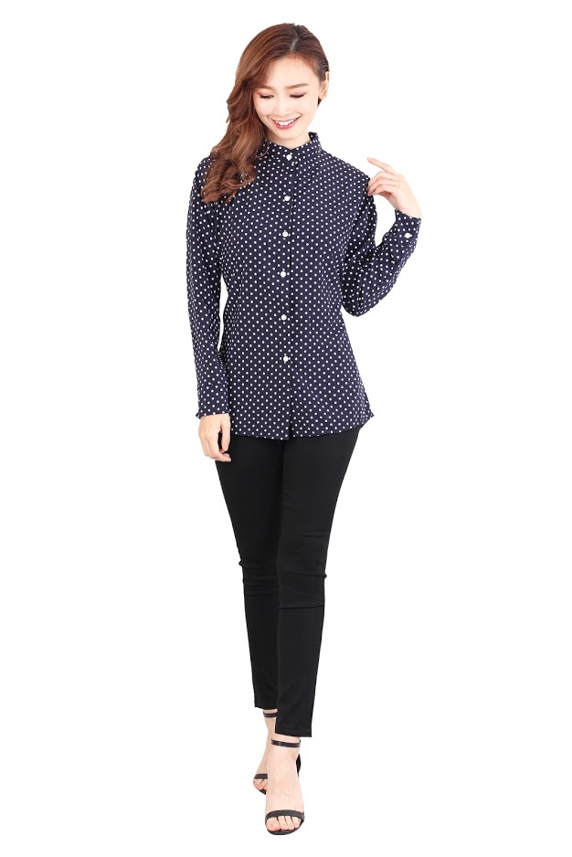 QA-511 Women's Mandarin Collar Top Navy Blue