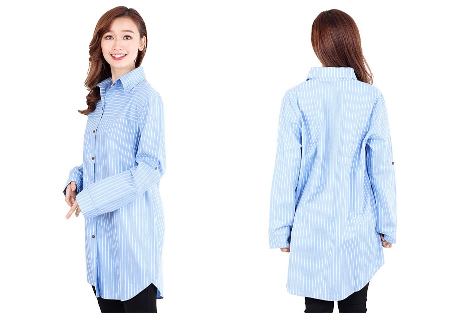 QA-514 Women's Striped Blouse Baby Blue