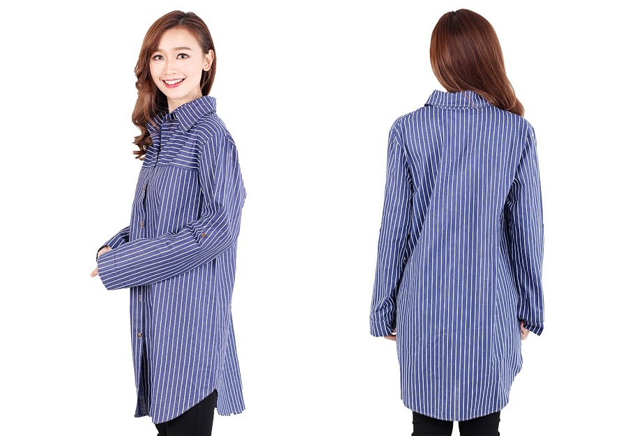 QA-514 Women's Striped Blouse Denim Blue