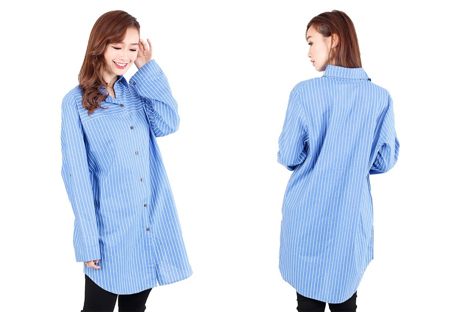 QA-514 Women's Striped Blouse Light Blue