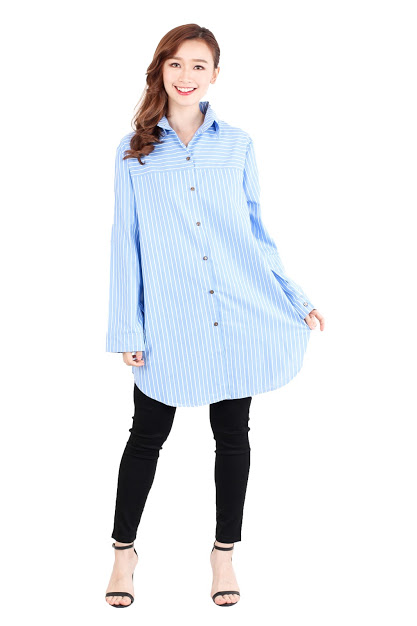 QA-514 Women's Striped Blouse Baby Blue