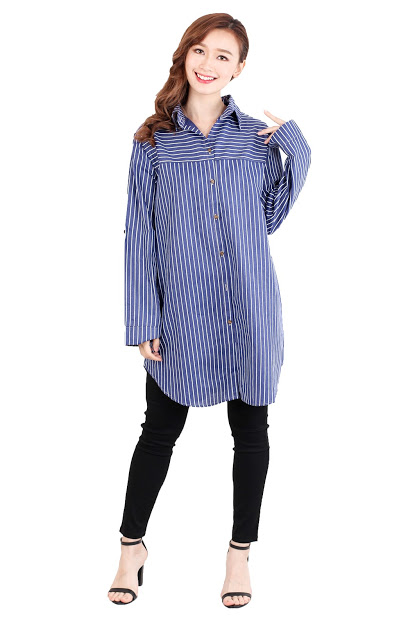 QA-514 Women's Striped Blouse Denim Blue