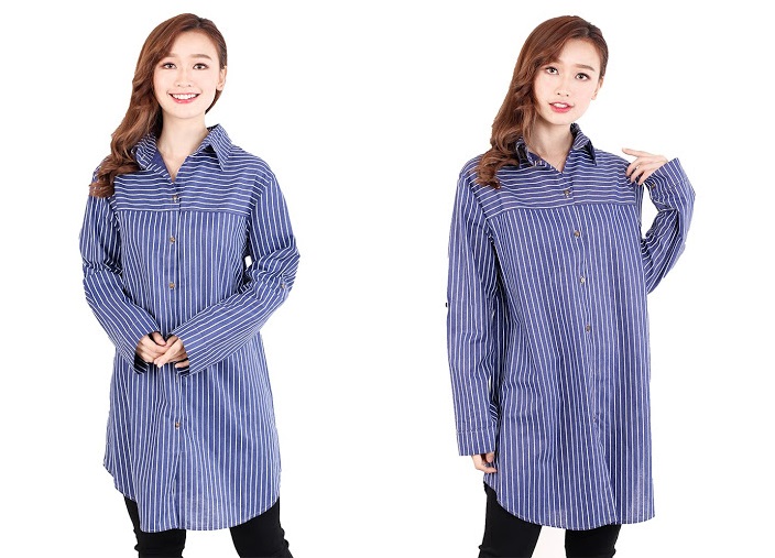 QA-514 Women's Striped Blouse Denim Blue