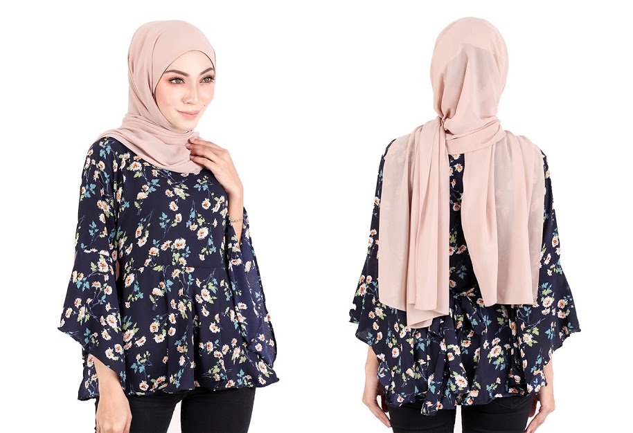 QA-520 Floral Printed Blouse Navy Blue