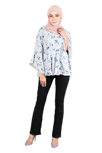 QA-520 Floral Printed Blouse Baby Blue