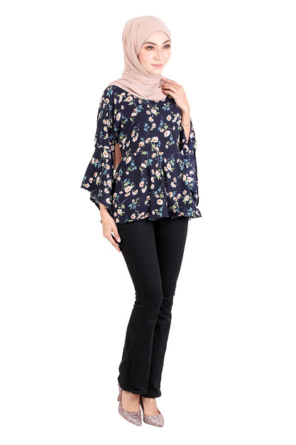 QA-520 Floral Printed Blouse Navy Blue