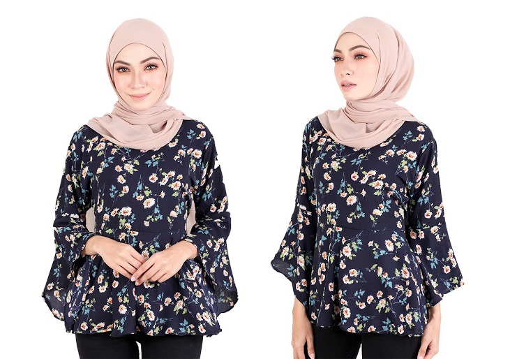 QA-520 Floral Printed Blouse Navy Blue