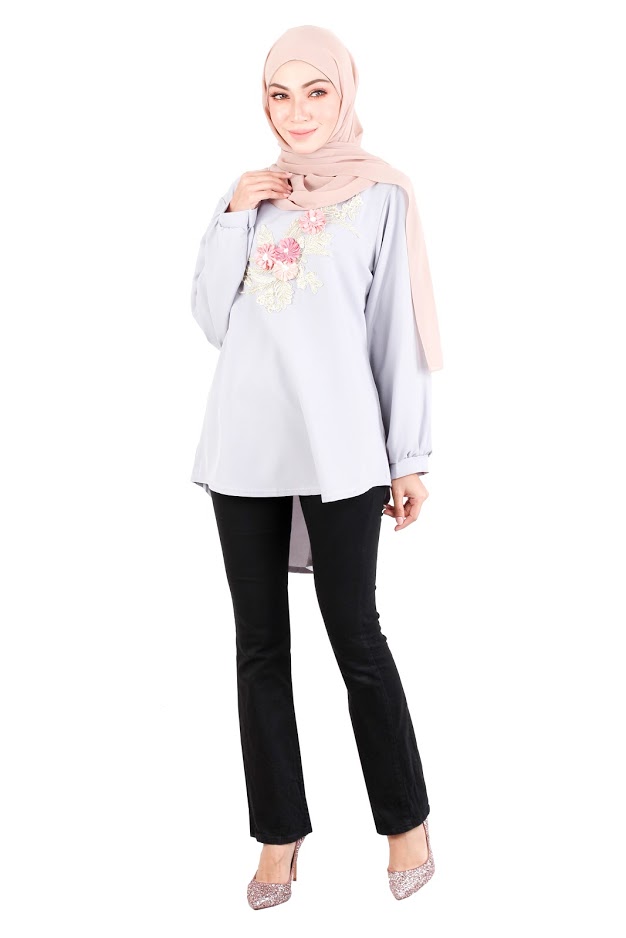 QA-523 Women's Floral Embroidery Blouse Grey