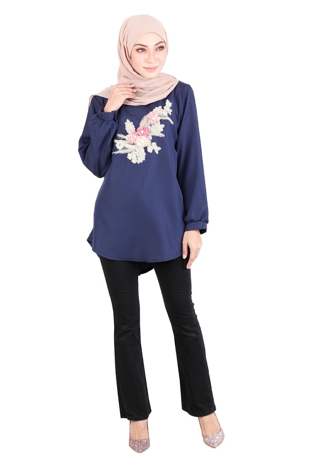 QA-523 Women's Floral Embroidery Blouse Navy Blue