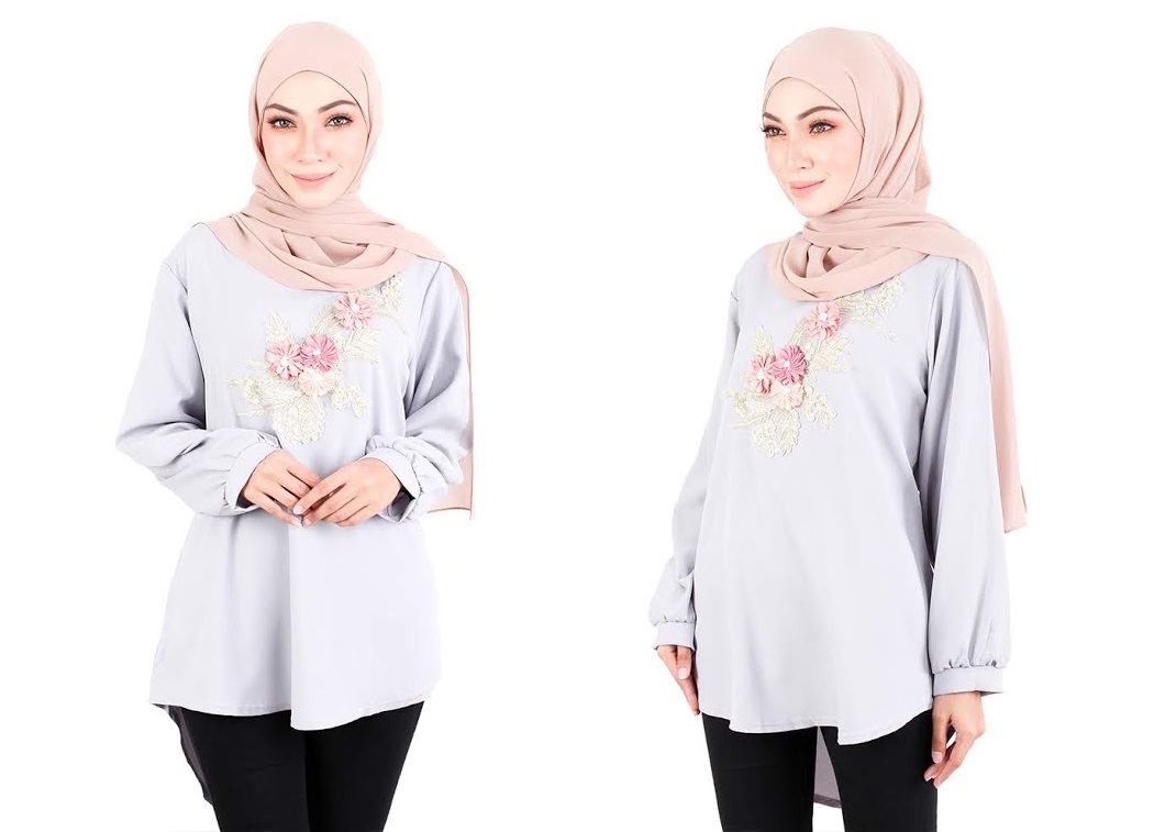 QA-523 Women's Floral Embroidery Blouse Grey